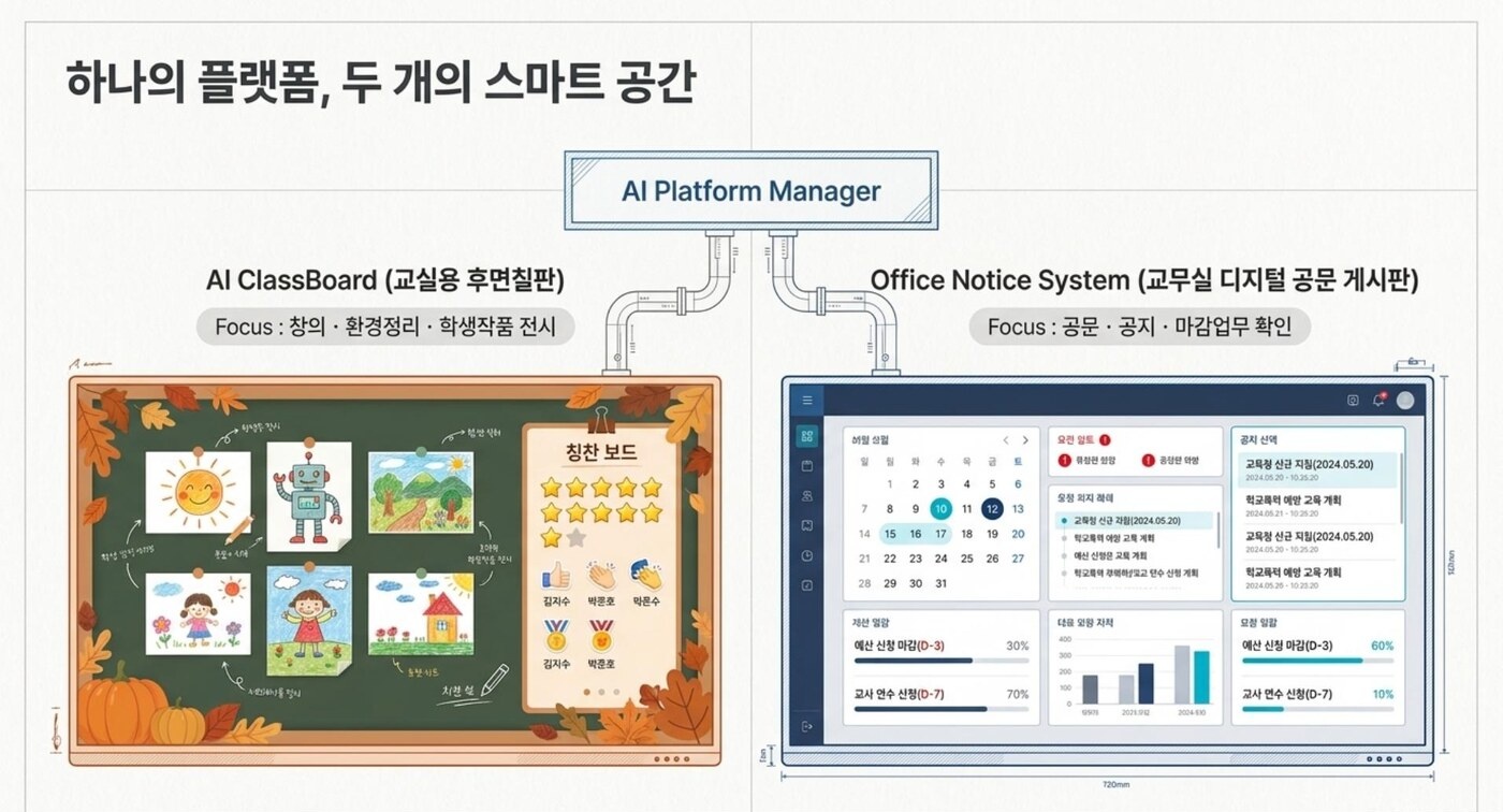 AI ClassBoard — 하나의 플랫폼, 두 개의 스마트 공간 (교실용 후면칠판 + 교무실 디지털 공문 게시판)